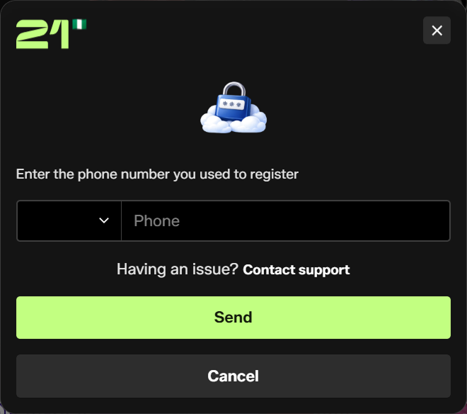 Reset password form with phone number