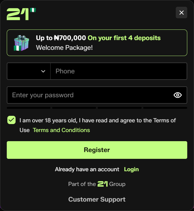 Registration form with naira welcome package