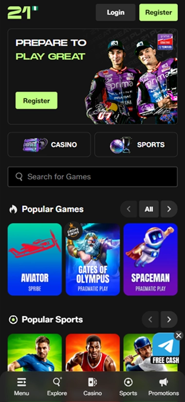 Mobile homepage with Aviator and Gates of Olympus