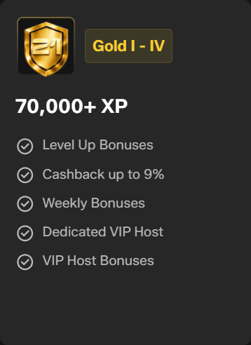 Gold level 70000 XP with nine percent cashback