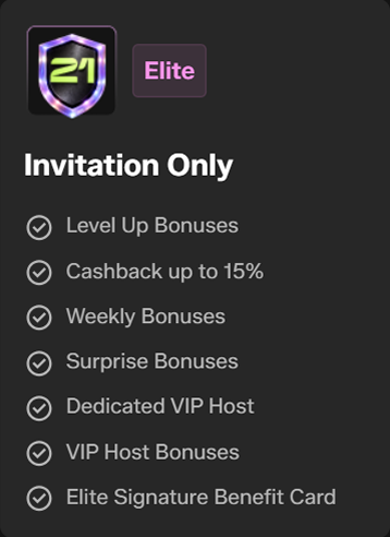 Elite level invitation only with fifteen percent cashback